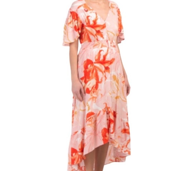 Anthropologie Dresses & Skirts - Anthro Abel The Label Flower Bomb High Low Dress Flutter Sleeve Orange Pink Md
